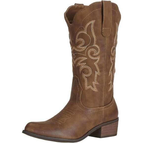 Shoes - Woman's Distressed Brown Pu leather Cowgirl Mid Wide Calf Western Fashion Boots